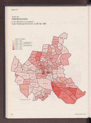 Anteil der Erwerbstätigen an der Bevölkerung insgesamt in den Hamburger Stadtteilen am 25. Mai 1987