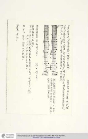 Sinfonia / a / 2 Corn. / 2 Flaut: Tr. / 2 Violin / Viola / e / Cembalo. / [Incipit] / Christoph Graupner.