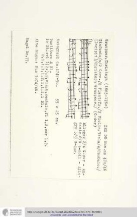 Sinfonia / a / 2 Corn. / 2 Flaut: Tr. / 2 Violin / Viola / e / Cembalo. / [Incipit] / Christoph Graupner.