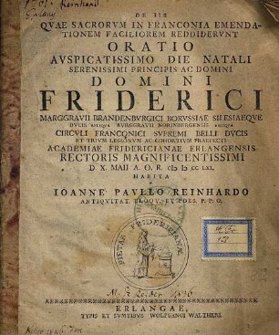 De Iis, Qvae Sacrorvm In Franconia Emendationem Faciliorem Reddidervnt, Oratio