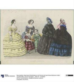 Allgemeine Modenzeitung: vier Damen und zwei kleine Mädchen in Ball-, Gesellschafts- und Promenadentoiletten