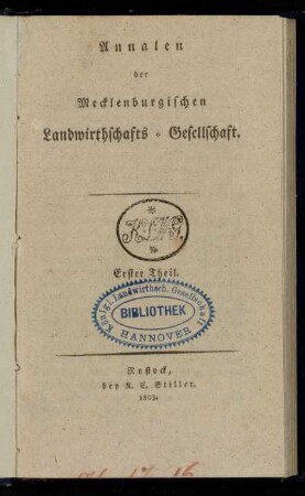 1: Annalen der Mecklenburgischen Landwirthschafts-Gesellschaft