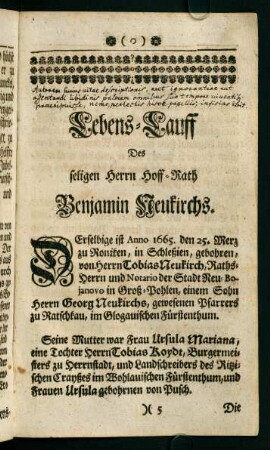 5r-8v, Lebens-Lauff. Des seligen Herrn Hoff-Rath Benjamin Neukrichs