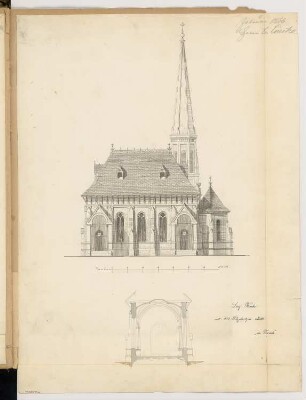Dorfkirche mit 250 Sitzplätzen Monatskonkurrenz Februar 1866: Aufriss Seitenansicht, Querschnitt; 1:120, Maßstabsleiste