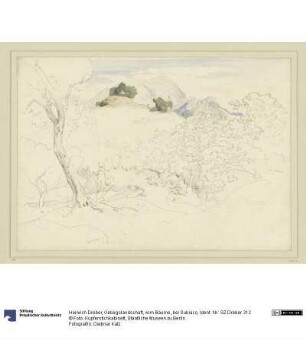 Gebirgslandschaft, vorn Bäume, bei Subiaco