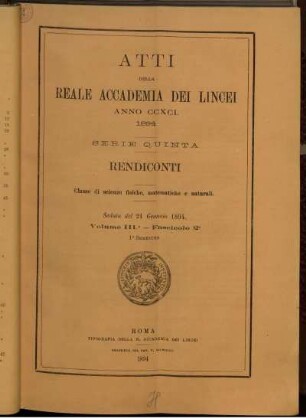 Seduta del 21 Gennaio 1894. Volume III. - Fascicolo 2.
