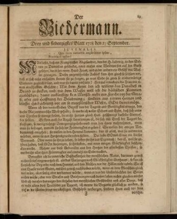 Drey und siebenzigstes Blatt 1728 den 27 September