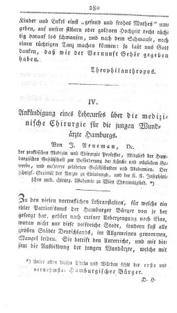 IV. Ankündigung eines Lehrcurses über die medizinische Chirurgie für die jungen Wundärzte Hamburgs.