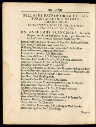 Syllabus Patronorum Et Fautorum Academiae Naturae Curiosorum.