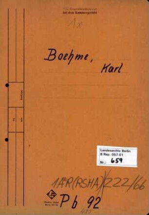 Personenheft Karl Boehme (*30.06.1901), Kriminalsekretär