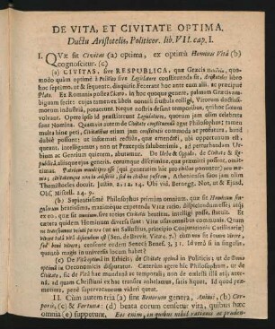 De Vita, Et Civitate Optima. Ductu Aristotelis, Politicor. lib. VII. cap. I.