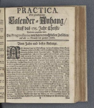 Practica, Oder Gewöhnlicher Calender-Anhang/ Auff das 1715. Jahr Christi