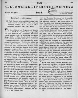 Cicero, M. T.: De Re Publica. Librorum Fragmenta. Recensuit et adnotatione critica instruxit F. Osannus. Göttingen: Dieterich 1847