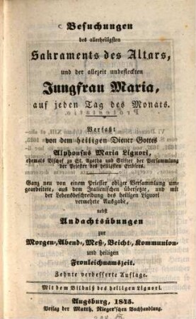 Besuchungen des allerheiligsten Sakraments des Altars, und der allezeit unbefleckten Jungfrau Maria, auf jeden Tag des Monats