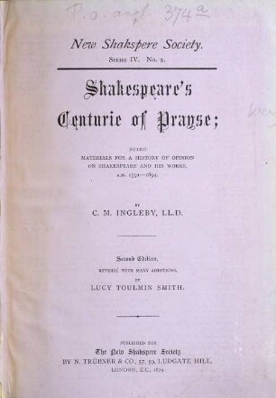 The New Shakspere Society. 2, A.D. 1592 - 1693: Shakespeare's centurie of prayse