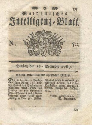 No. 50, Dinstag den 15ten December 1789