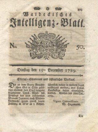 No. 50, Dinstag den 15ten December 1789