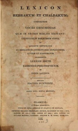 Lexicon hebraicum et chaldaicum : Accesserunt Lexicon breve rabbinico-philosophicum et index latinus
