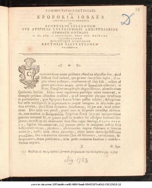 Commentatio Continvata De Epopoeia Iobaea : Invitationi Decenti Ad Panegyrin Sollemnem Svb Avspicia Lvstrationis Anniversariae Gymnasii Gothani D. VI. Avg. A. MDCCLIII. ... Celebrandam Benigneqve Avdiendam Rectoris Recitationem Praemissa : [P.P. D. V. Avg. MDCCLIII.]