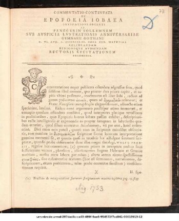 Commentatio Continvata De Epopoeia Iobaea : Invitationi Decenti Ad Panegyrin Sollemnem Svb Avspicia Lvstrationis Anniversariae Gymnasii Gothani D. VI. Avg. A. MDCCLIII. ... Celebrandam Benigneqve Avdiendam Rectoris Recitationem Praemissa : [P.P. D. V. Avg. MDCCLIII.]
