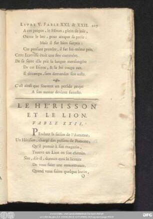 Le Hérisson Et Le Lion. Fable XXII.