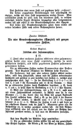 Zweiter Abschnitt. Die vier Grundrechnungsarten (Spezies) mit ganzen unbeannten Zahlen.