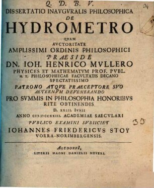 Dissertatio Inavgvralis Philosophica De hydrometro