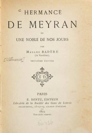 Hermance de Meyzan ou une noble de nos jours par Madame Badère