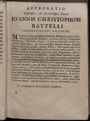 Approbatio Illustrissimi, & Reverendissimi Domini Joannis Christophori Battelli Archiepiscopi Amaseni.