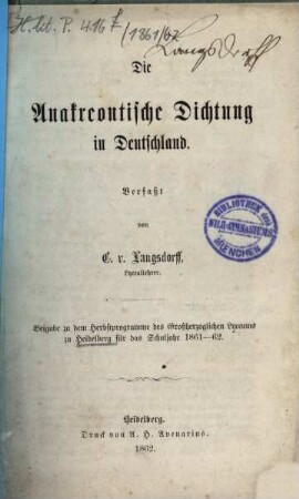 Jahresbericht über das Großh. Lyceum zu Heidelberg : am Schlusse d. Schuljahres ..., 1861/62, Beil.