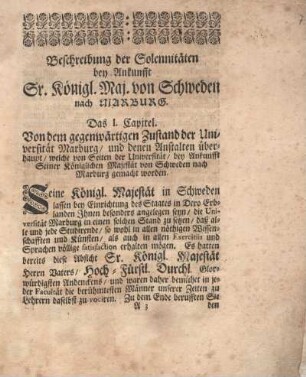 Beschreibung der Solennitäten bey Ankunft Sr. Königl. Maj. von Schweden nach MARBURG.
