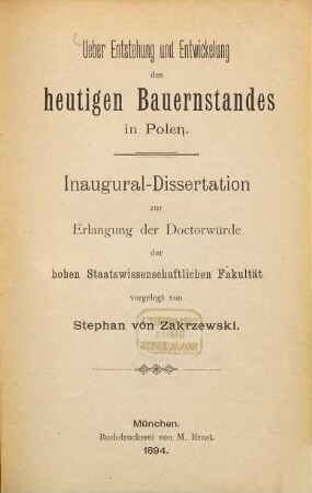 Über Entstehung und Entwickelung des heutigen Bauernstandes in Polen