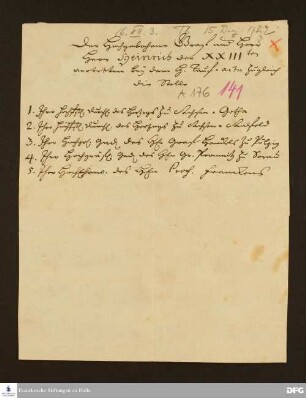 Namen von Taufpaten, die durch Heinrich XXIII. v. Reuß-Lobenstein vertreten werden.
