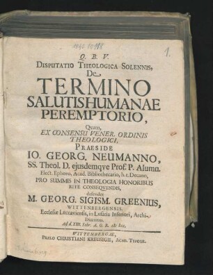 Disputatio Theologica Solennis, De Termino Salutis Humanae Peremptorio