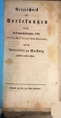 Verzeichnis der Vorlesungen. 1826, 1826. SH.
