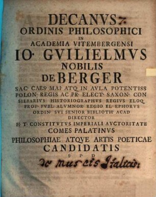 Decanus ordinis philosophici in Academia Vitembergensi ... philosophiae atque artis poeticae candidatis s. p. d.