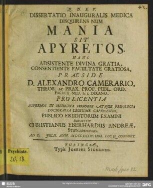 Dissertatio Inauguralis Medica Disquirens Num Mania Sit Apyretos