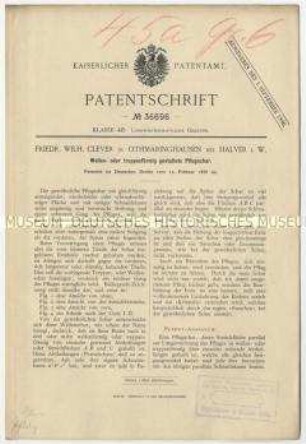 Patentschrift eines wellen- oder treppenförmig gestalteten Pflugschars, Patent-Nr. 36696