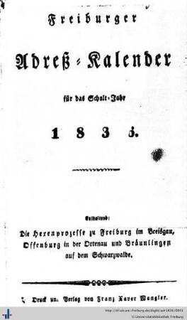 Freiburger Adress-Kalender : für das Schalt-Jahr 1836