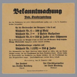 "Bekanntmachung Betr. Sonderzuteilung"