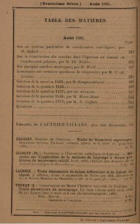 Table des matières. Aout 1884.
