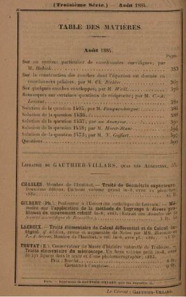 Table des matières. Aout 1884.