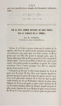Sur la plus courte distance de deux points sur la surfaces de la sphère.