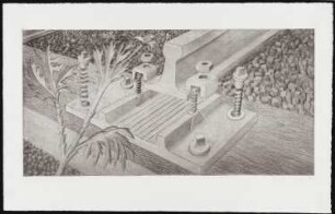 Radierung des Künstlers Erhard Groß, Titel: Schienenschrauben, Ed. 3/30, 1990