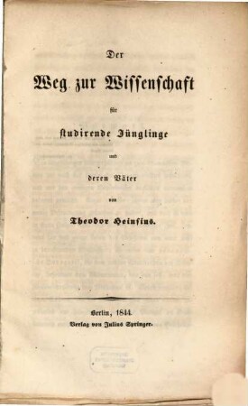 Der Weg zur Wissenschaft für studirende Jünglinge und deren Väter
