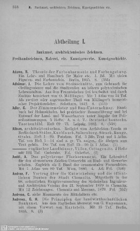 Abt. I. Baukunst, architektonisches Zeichnen : Freihandzeichnen, Malerei, etc. Kunstgewerbe. Kunstgeschichte