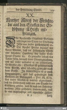 XX. Kurtzer Abriß der Früchte, die aus den Stuffen der Erhöhung Christi entspringen
