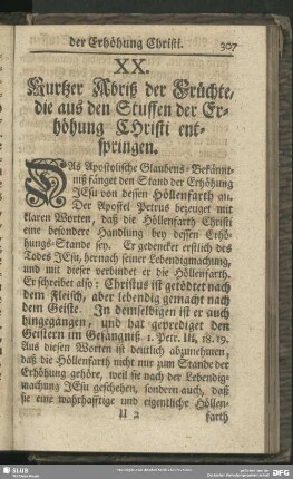 XX. Kurtzer Abriß der Früchte, die aus den Stuffen der Erhöhung Christi entspringen