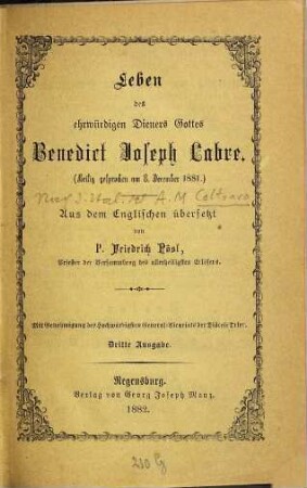 Leben des ehrwürdigen Dieners Gottes Benedict Joseph Labre