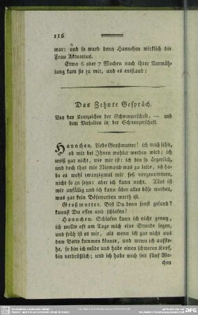 Das Zehnte Gespräch. Von den Kennzeichen der Schwangerschaft, - und dem Verhalten in der Schwangerschaft